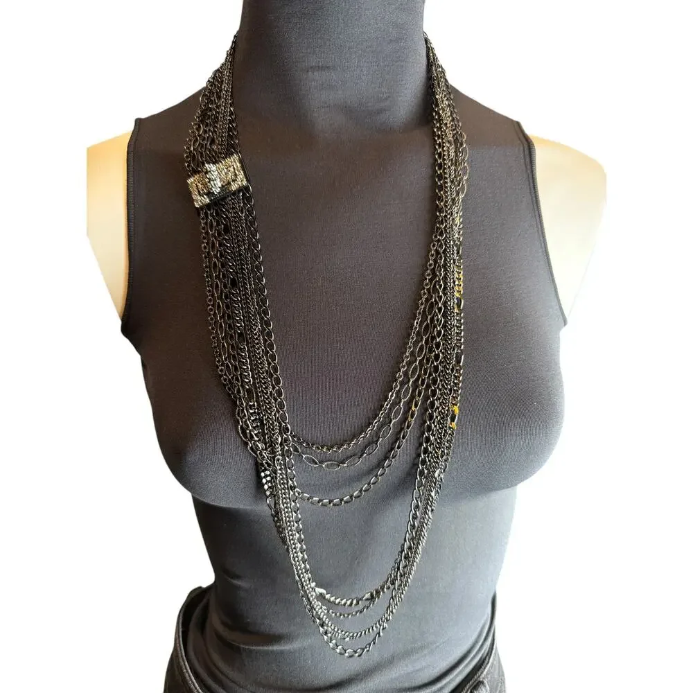 Chanel Multi Strand Gunmetal-Silver Crystal Reissue Lock Necklace